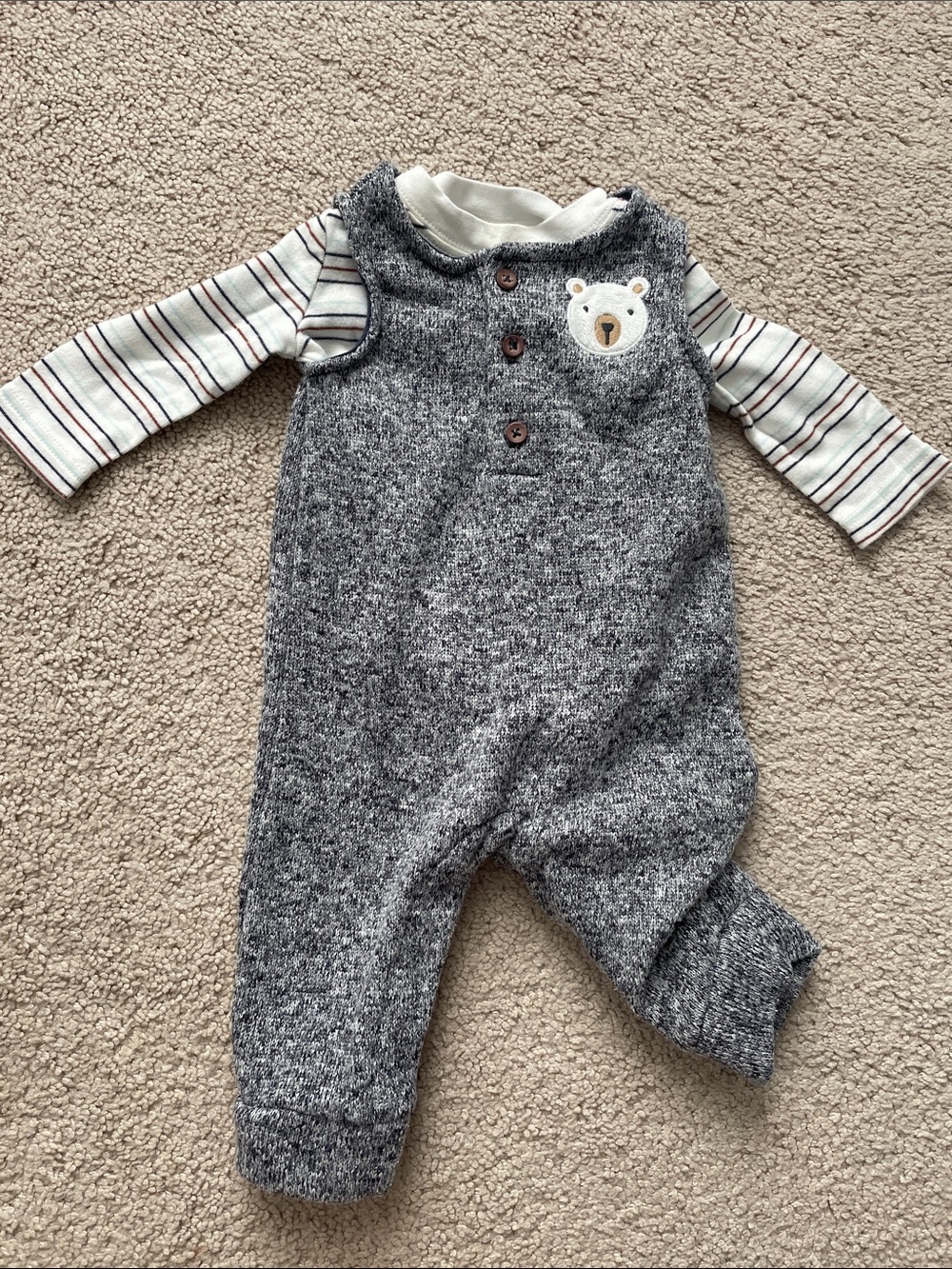 Grey Knit Baby Romper with Bear Patch and Striped Tee